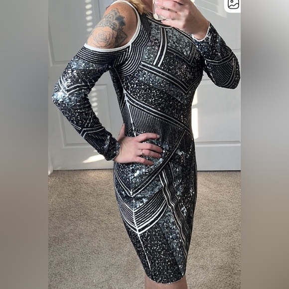 Express Silver and Black Sequin Long Sleeve Cold Shoulder Dress - Picture 7 of 7